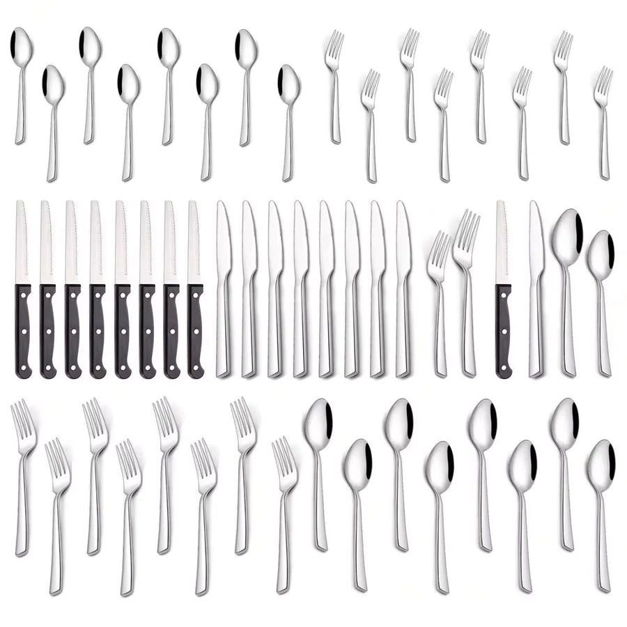 48pcs 430 Silverware Set With Steak Knives Service For 8, Stainless Steel Flatware Set, Mirror Polished Kitchen Accessories, Home Kitchen Party Eating Tableware Cutlery Set, Include Fork Knife Spoon Set