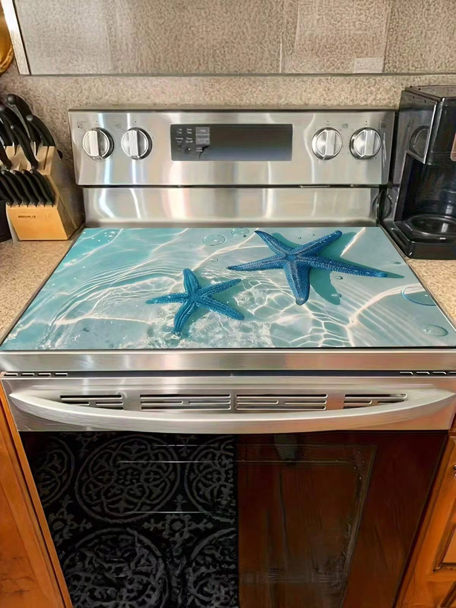 1pc Blue Starfish Design In Transparent Ocean Water, Measuring 20.5 By 28.5 Inches. Made From Polyester, These Stove Top Covers Are Heat Resistant, Oil-Proof, Non-Slip, And Washable, Perfect For Summer Kitchen And Beach-Themed Decoration